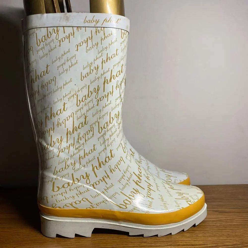 Vintage Y2K Baby Phat White Gold AOP All Over Print Logo Rain Boots Womens 10